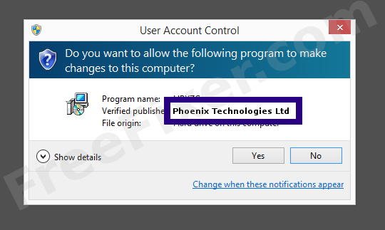 Screenshot where Phoenix Technologies Ltd appears as the verified publisher in the UAC dialog